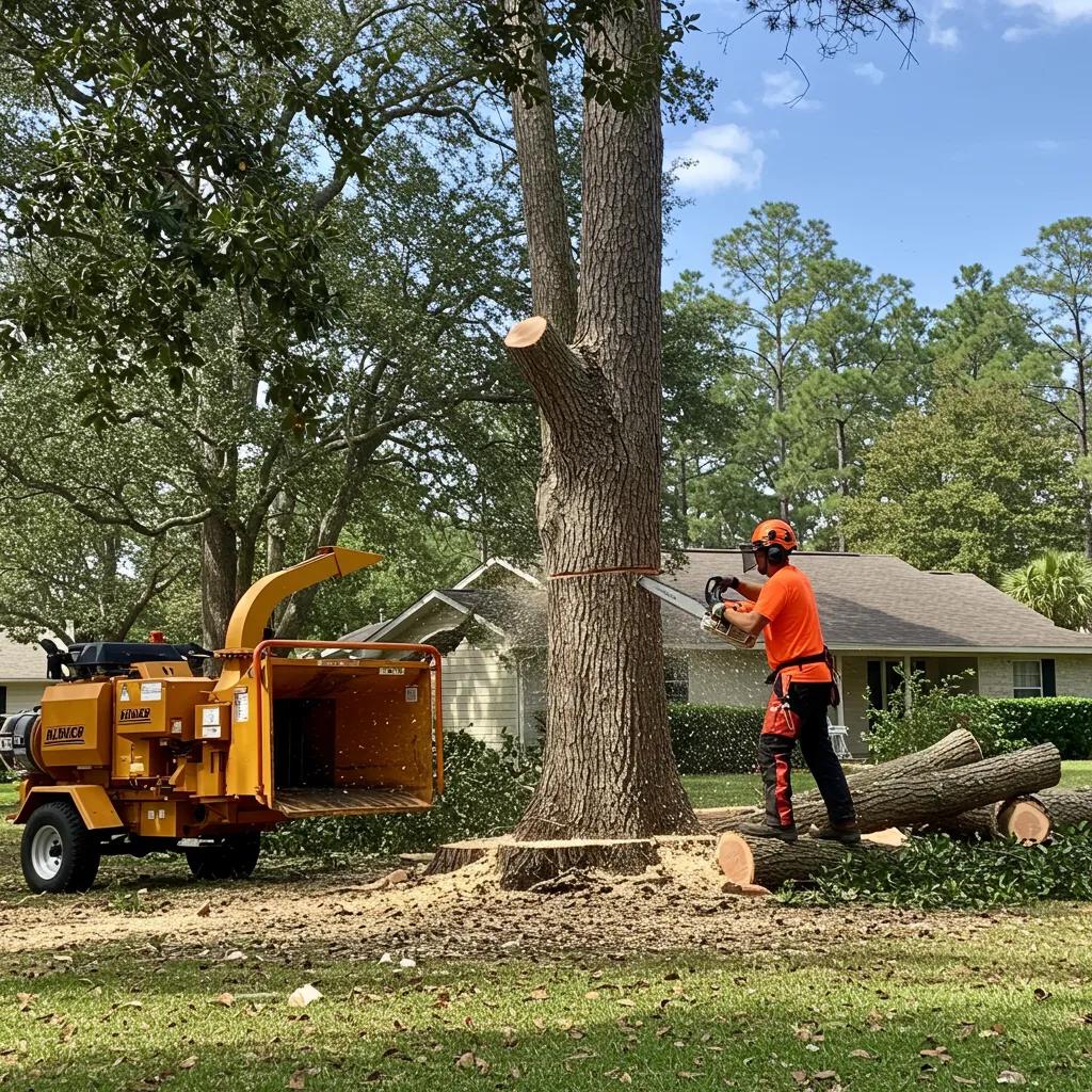 Professional tree removal service in Volusia County with arborist using chainsaw