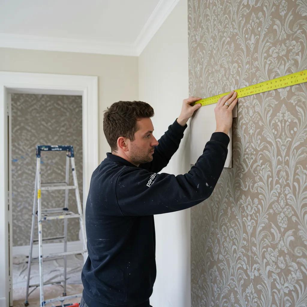 Skilled decorator meticulously applying wallpaper, demonstrating the precision and craftsmanship involved in professional installation for a Fulham home