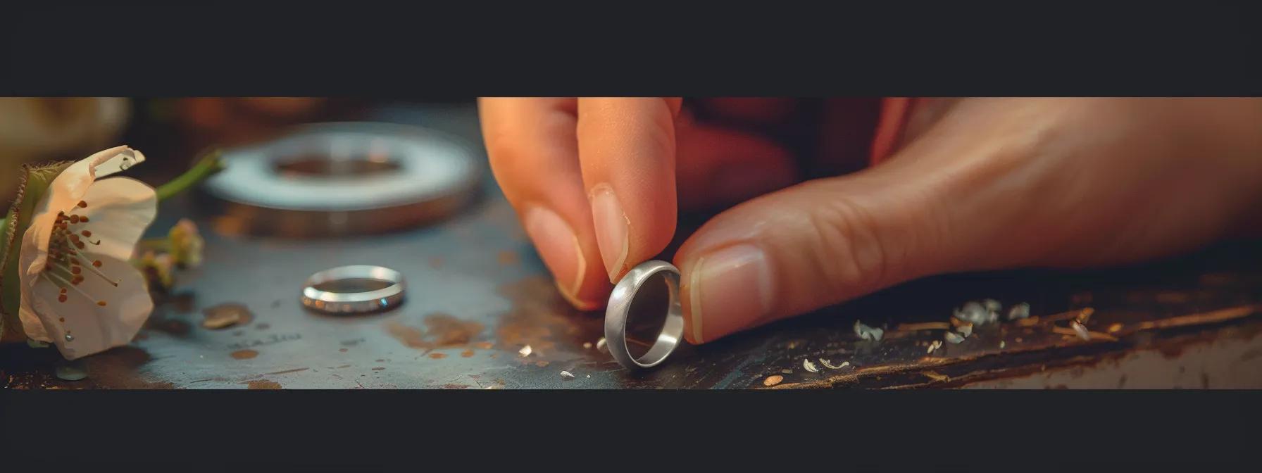 A hand being professionally measured with a ring sizing tool to ensure an accurate fit.