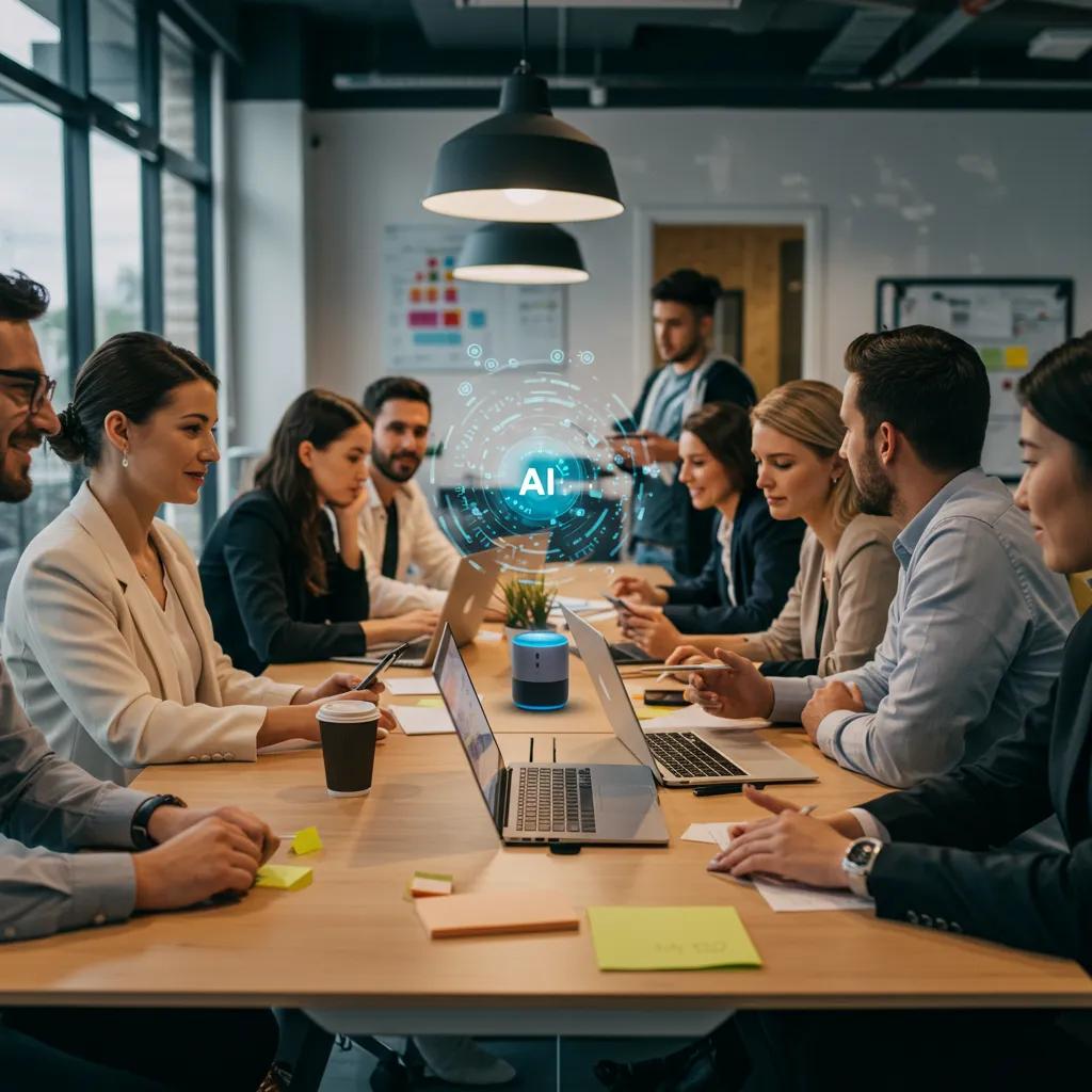 Professionals engaging with voice AI technology in a modern office setting Professionals engaging with voice AI technology in a modern office setting