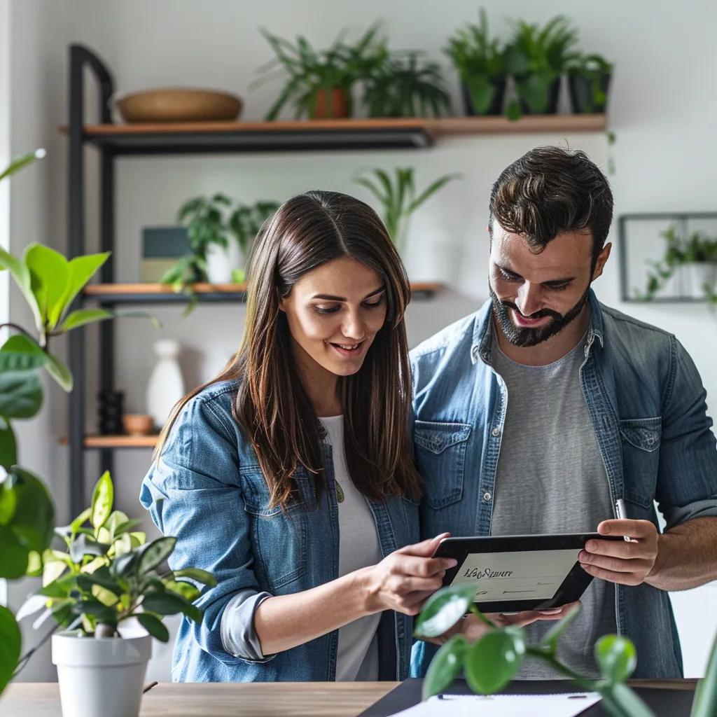 Couple reviewing property investment options in a bright home office