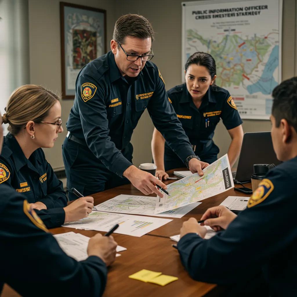 Public Information Officer coordinating crisis communication with emergency management team
