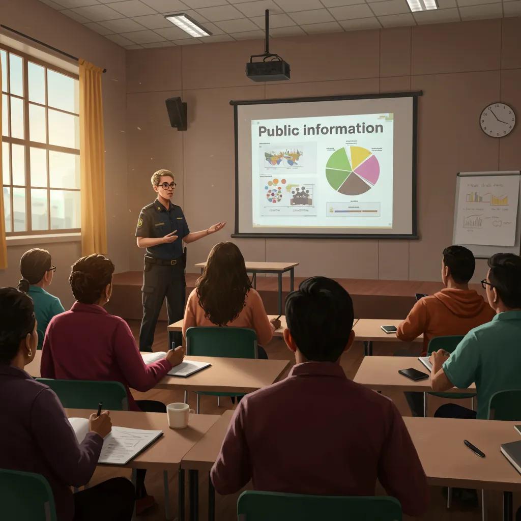 A public information officer addressing a diverse group, highlighting transparency and inclusivity in building community trust