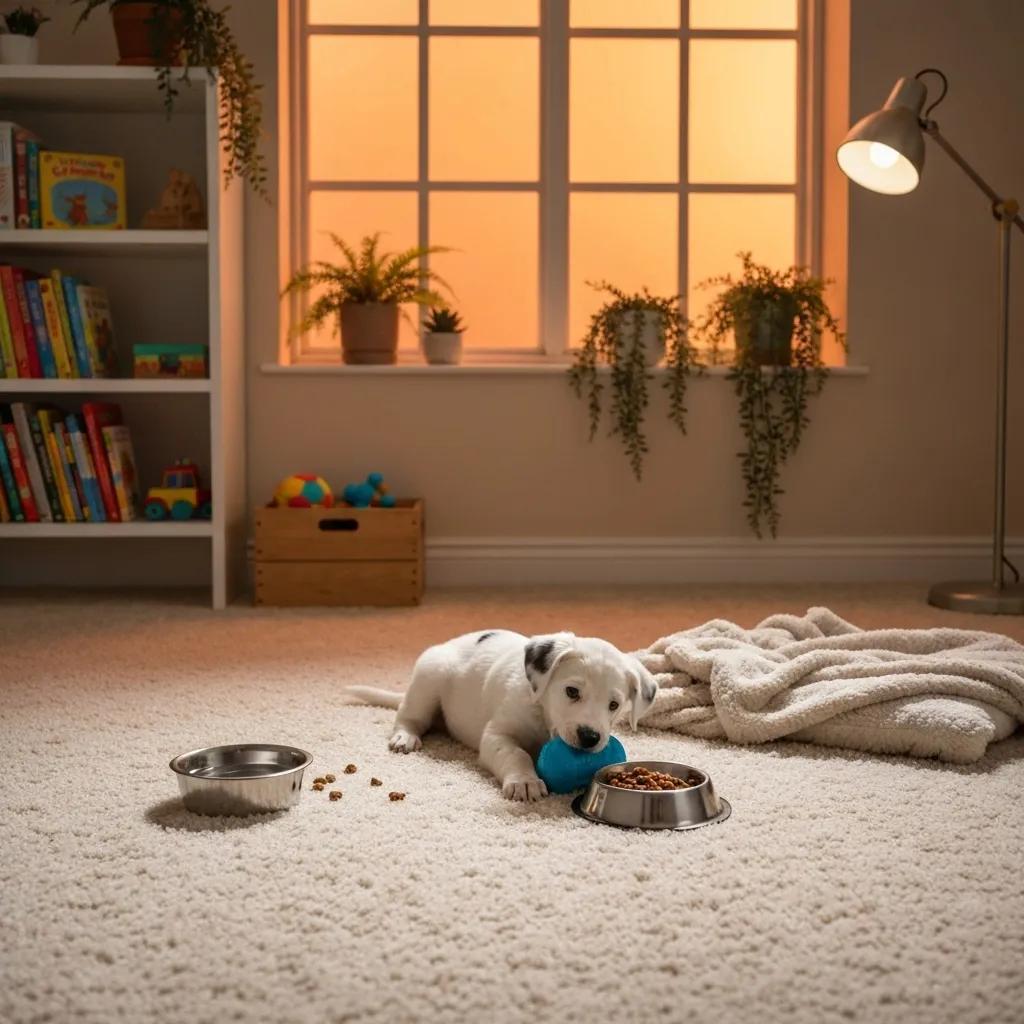 A puppy happily eating a nutritious meal in a comfortable home setting, illustrating key care tips for new puppy owners