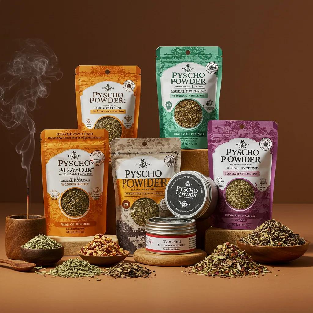 Pyscho Powder herbal incense blends showcased in an appealing arrangement, highlighting aromatic botanicals and packaging