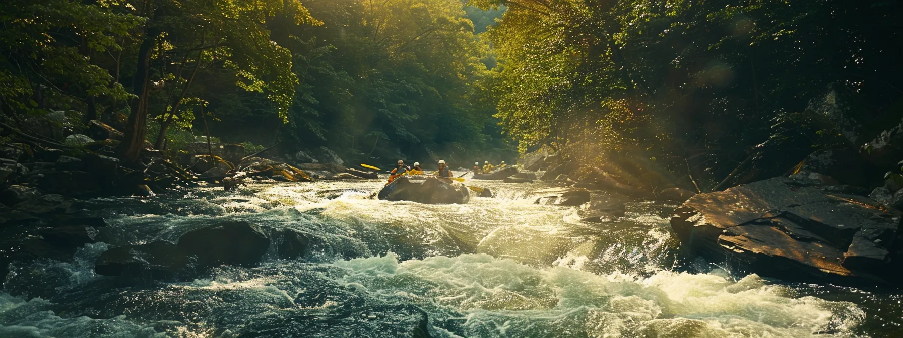 A group of rafters navigating intense whitewater rapids on the Ocoee River, surrounded by lush scenery.
