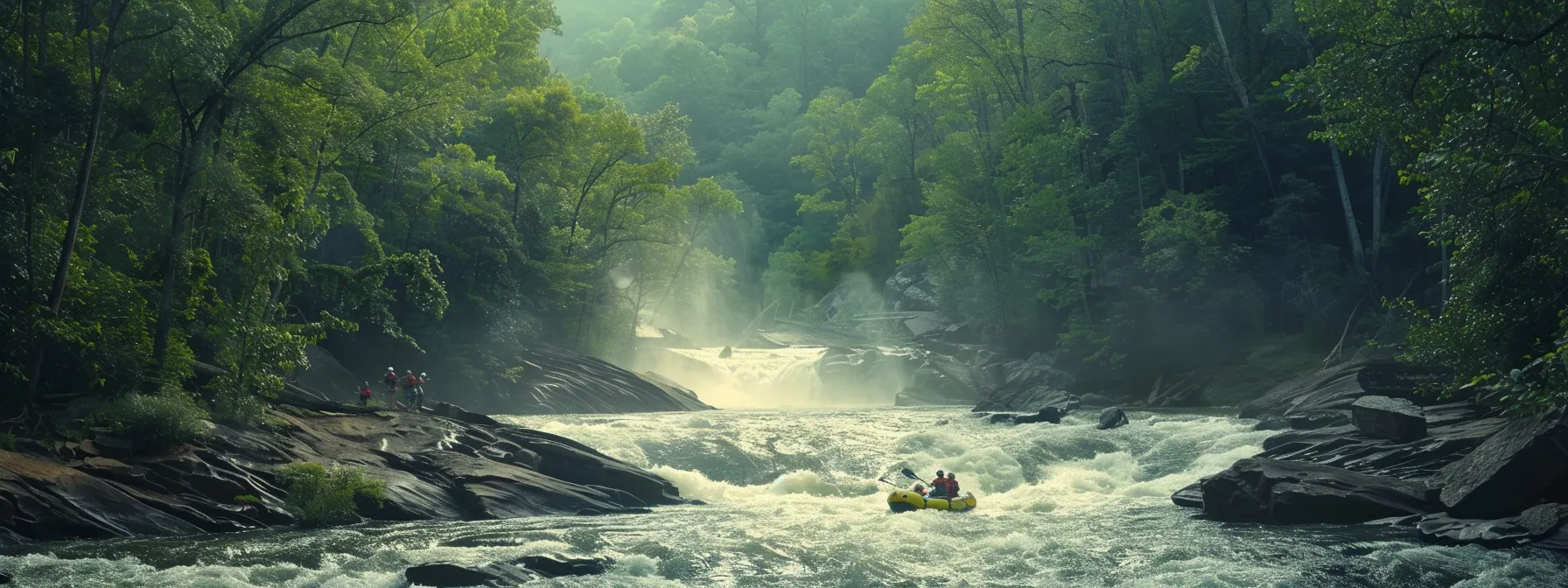 A group of rafters navigating intense whitewater rapids on the Ocoee River, surrounded by lush scenery.