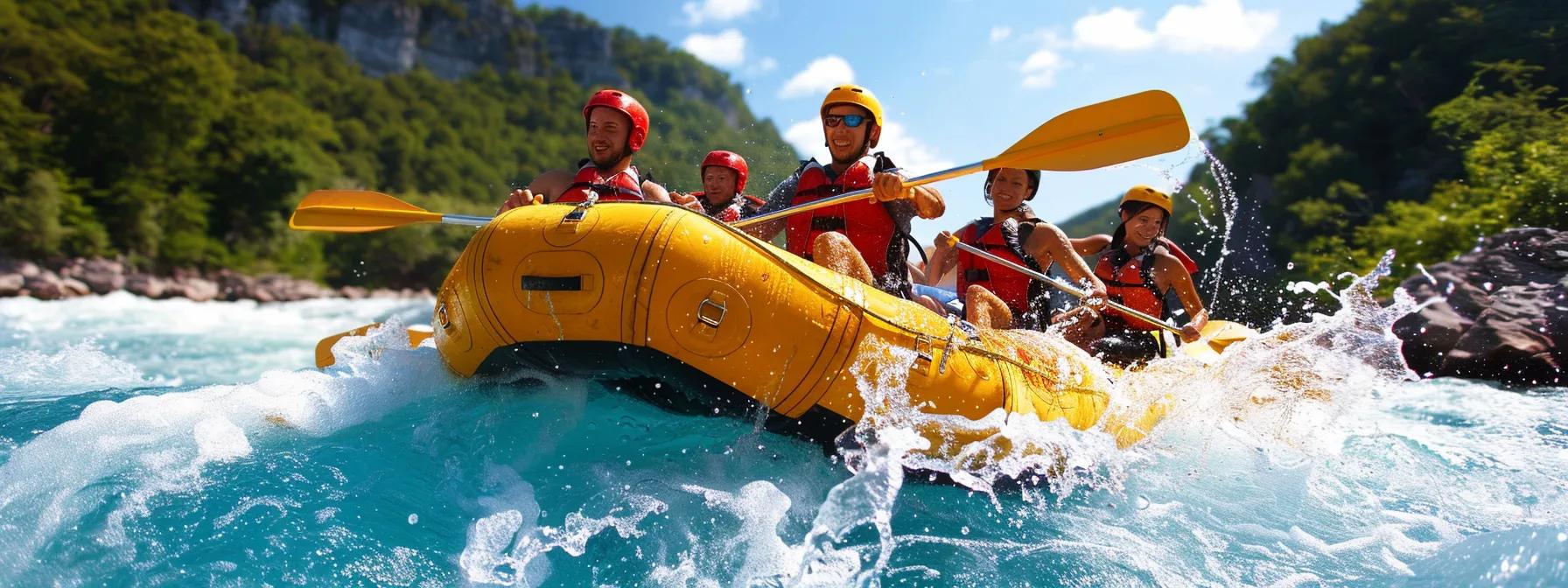 A group of rafters navigating the exciting Middle Ocoee rapids, surrounded by lush landscapes and rushing water.
