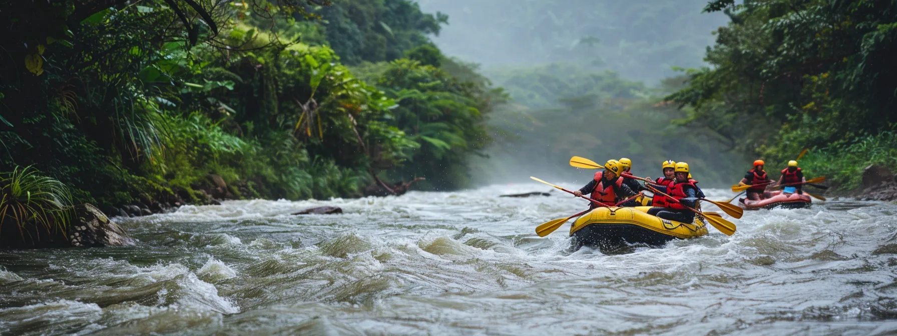 A group of rafters paddling through intense whitewater rapids, surrounded by lush greenery and rugged riverbanks.