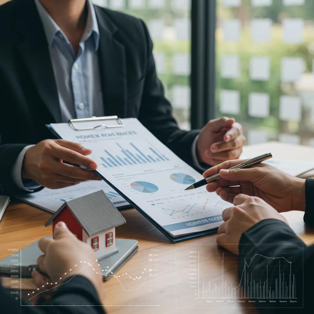Real estate agent discussing home price trends with clients in an office