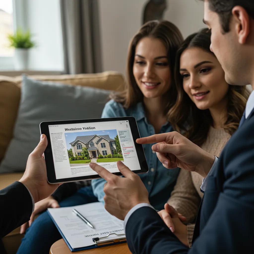 Real estate agent showing property listings to a couple, illustrating home trade-in scheme