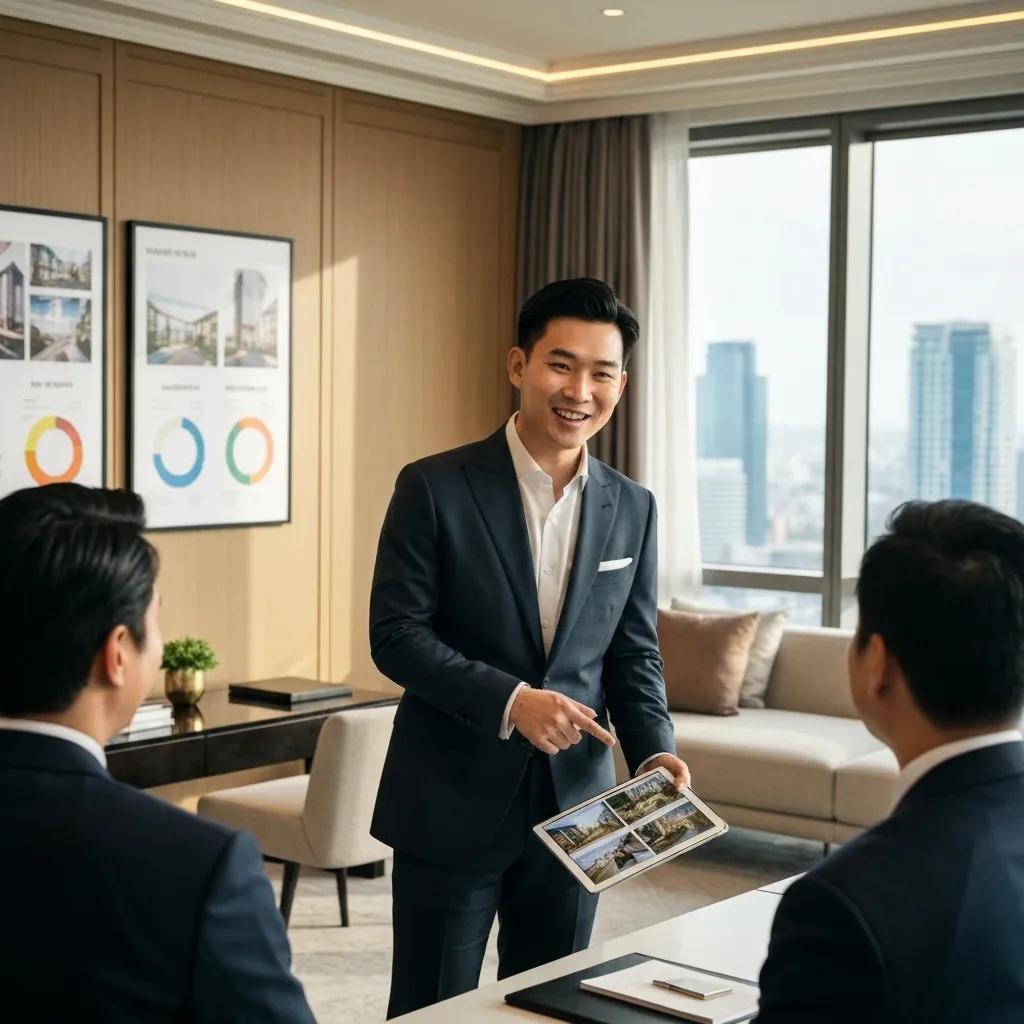 Real estate agent showing property listings to clients in a modern office setting