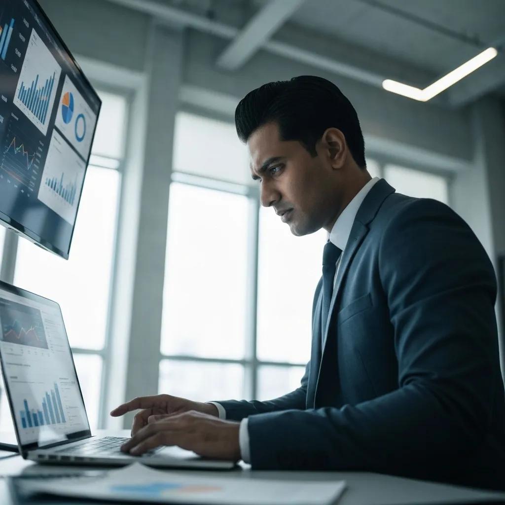 A real estate investor intently reviewing property listings in a contemporary office