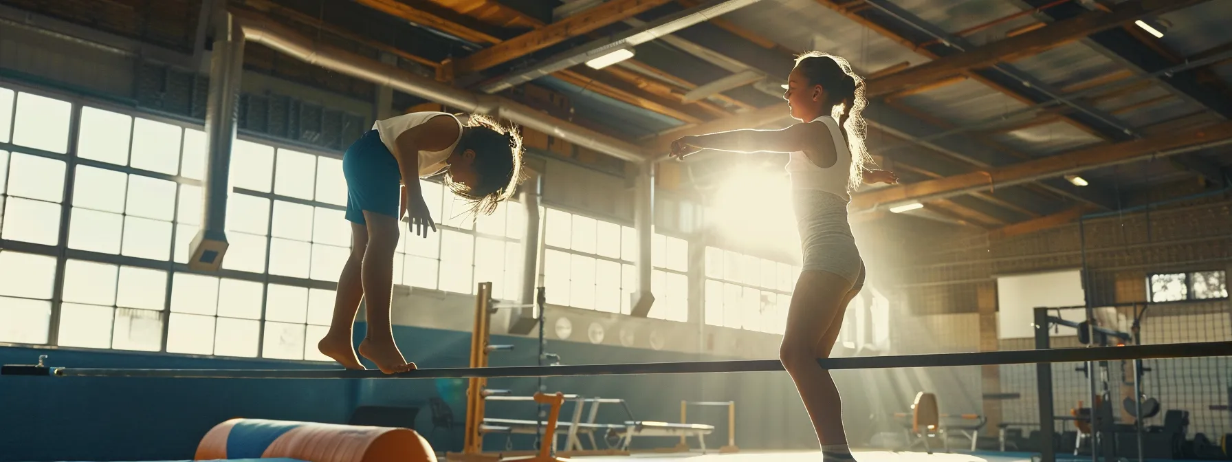 Generate a photo realistic image A hands-on training session where the aspiring coach is assisting a young gymnast with a balance beam routine in a professional gym setting