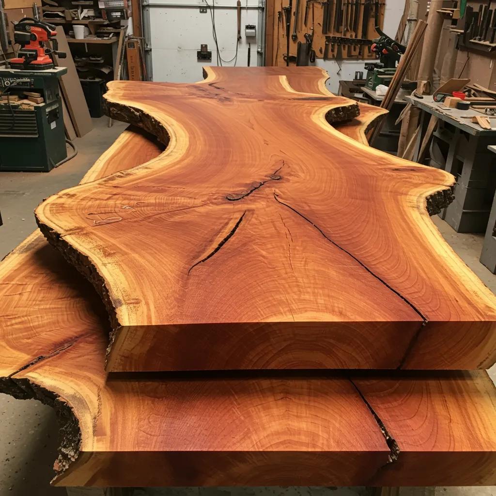 Stunning reclaimed urban timber slabs showcasing unique grain patterns in a workshop setting
