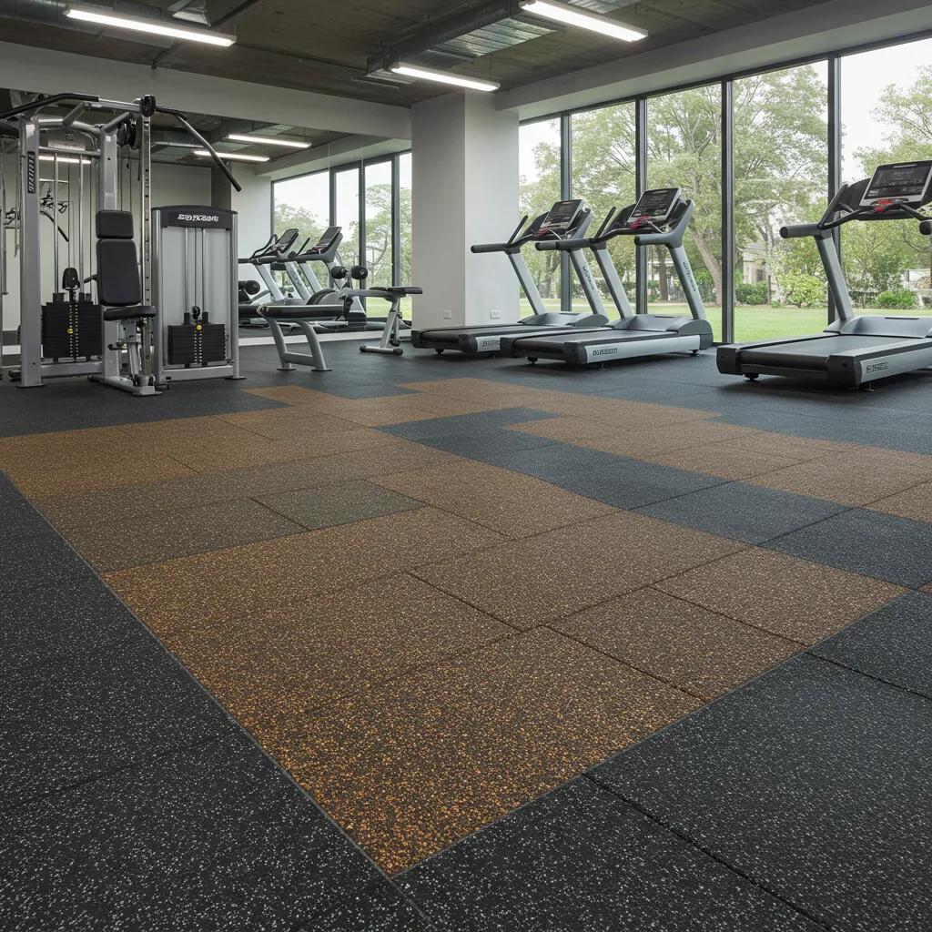 Recycled content flooring in a gym environment demonstrating durability and eco-friendliness