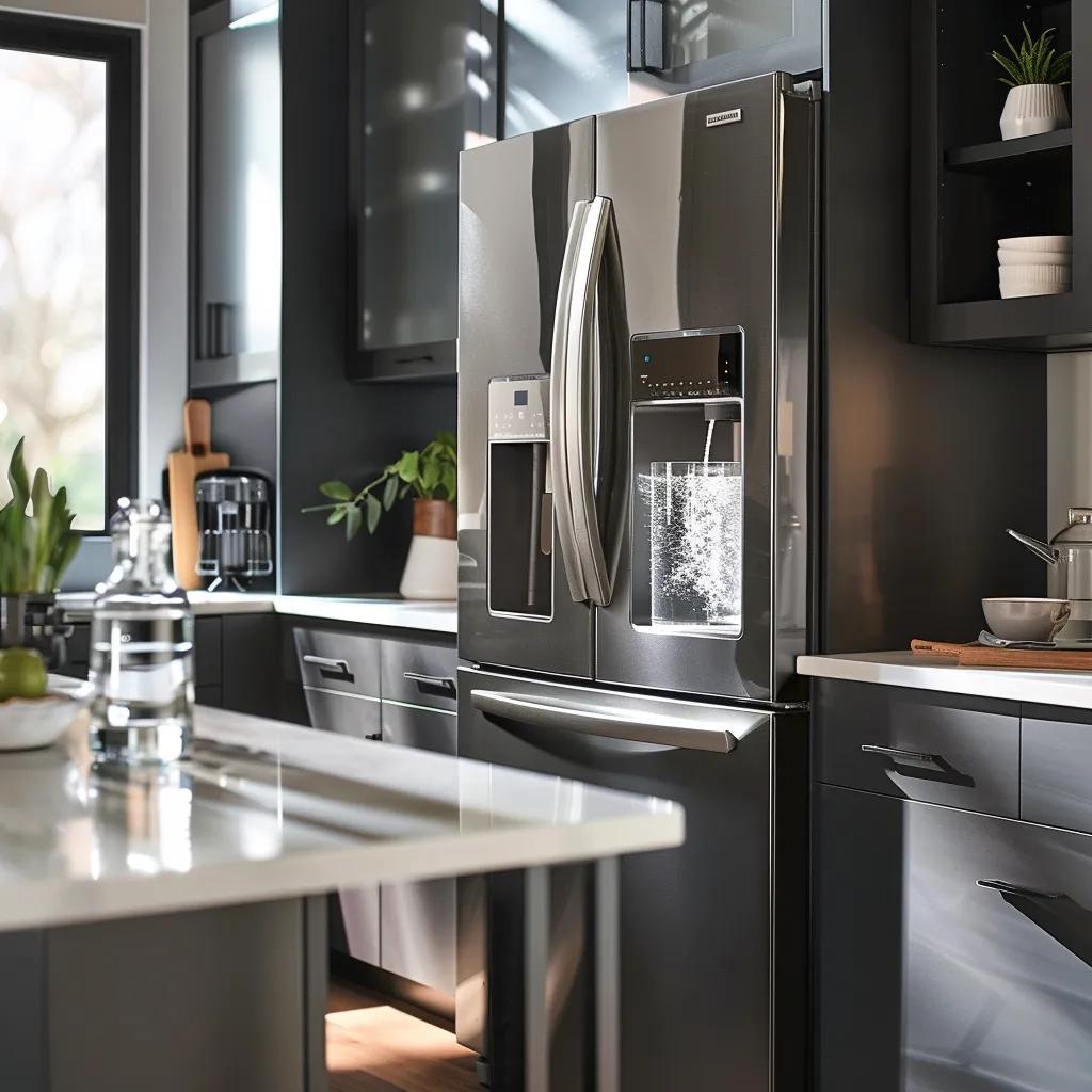 Modern refrigerator with water dispenser and a glass of filtered water in a bright kitchen