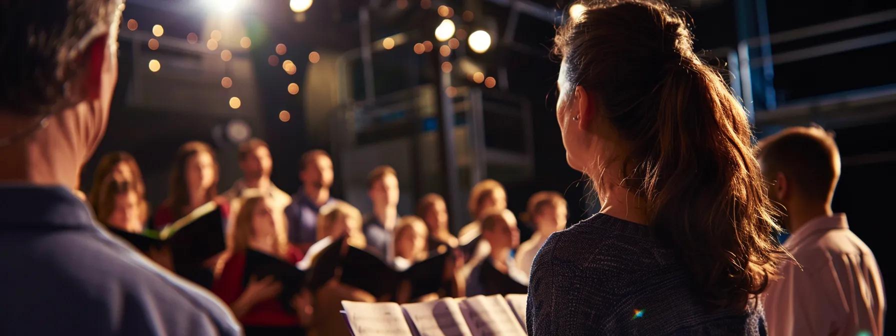 A choir in rehearsal, with singers focusing on blending their voices under the guidance of a conductor.