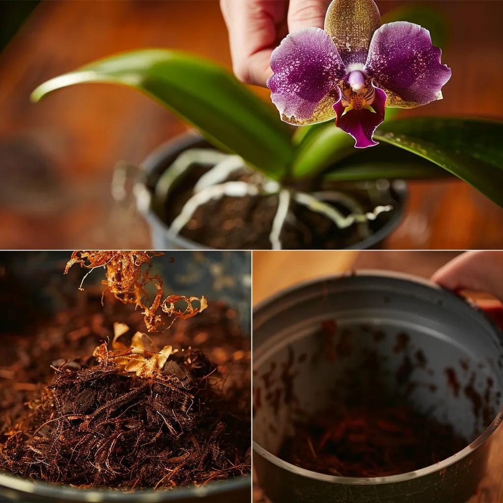 Step-by-step process of repotting orchids with tree fern fiber, showcasing the careful placement and setup
