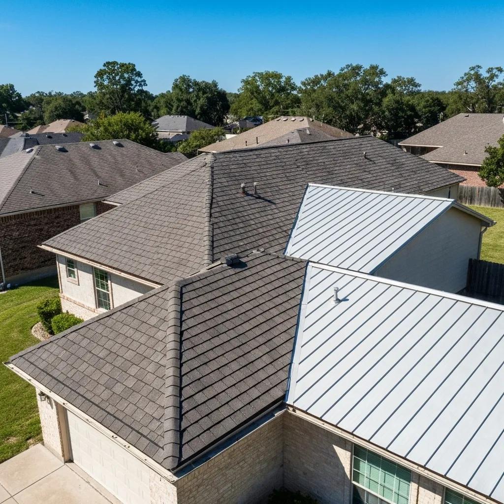 Residential home in Houston with a newly replaced roof showcasing various materials used for roof replacement costs