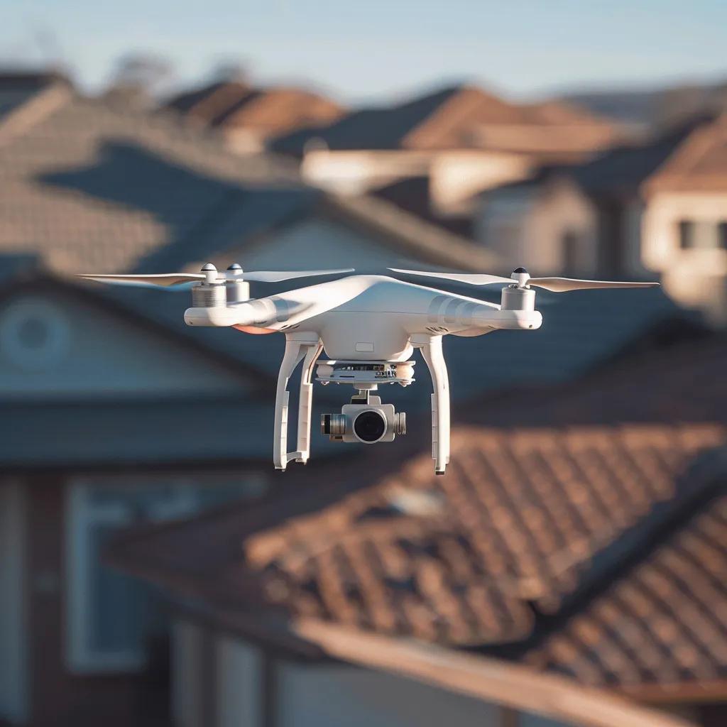 Drone conducting a roof inspection, capturing high-resolution images of the roof