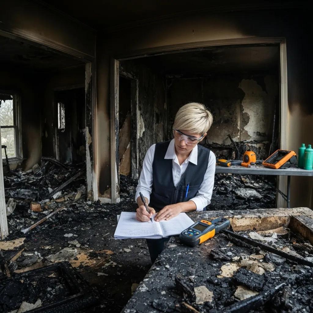 Restoration expert assessing fire damage with moisture meter in a damaged home