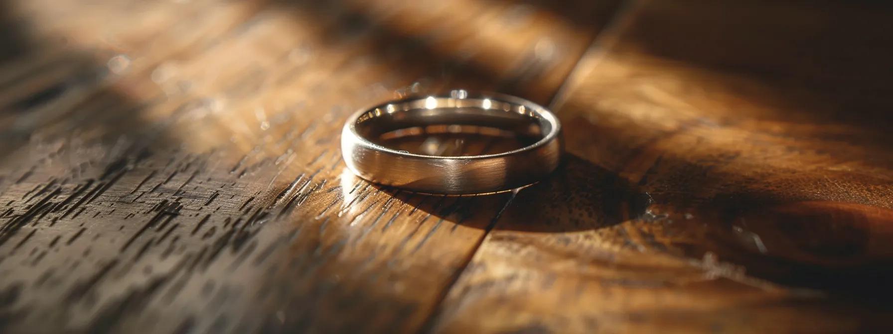 a sleek tungsten wedding ring rests on a polished wooden desk, illuminated by soft, diffused lighting that emphasizes its modern, luminous surface while reflecting its rugged durability. a sleek tungsten wedding ring rests on a polished wooden desk, illuminated by soft, diffused lighting that emphasizes its modern, luminous surface while reflecting its rugged durability.