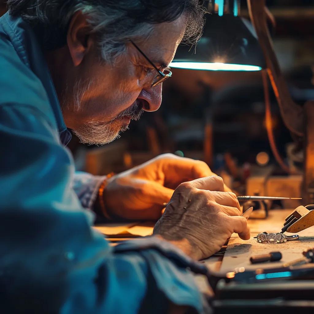 Jeweler resizing a ring in a workshop, illustrating the ring resizing process and tools used