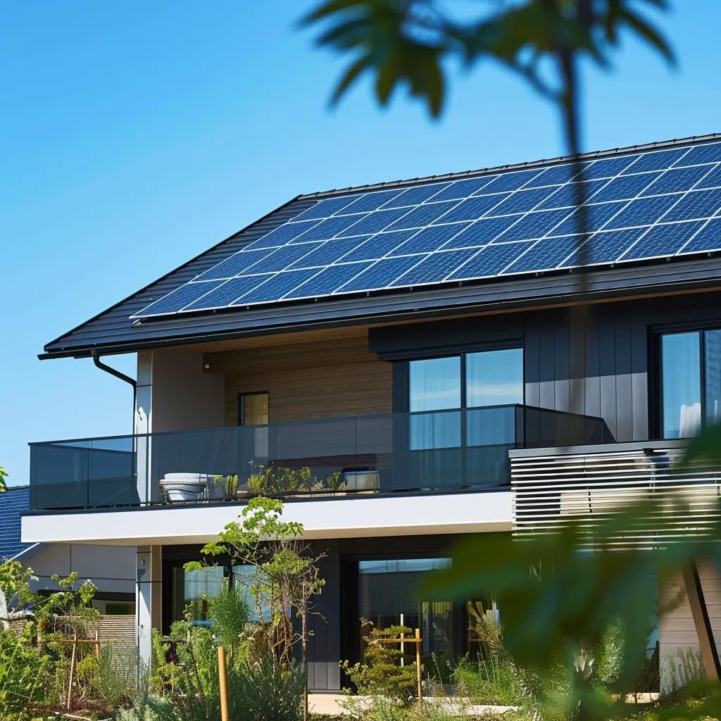 Modern home with solar panels under a clear blue sky, symbolizing sustainable energy solutions for homeowners Modern home with solar panels under a clear blue sky, symbolizing sustainable energy solutions for homeowners