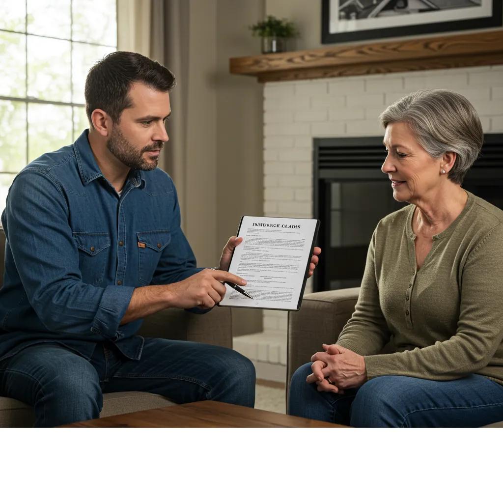Roofing contractor assisting homeowner with insurance claims documentation Roofing contractor assisting homeowner with insurance claims documentation