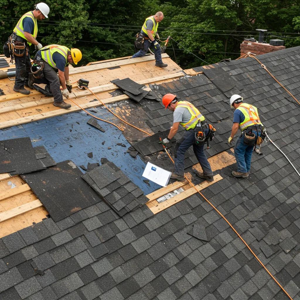 A roofing crew working through the stages of a roof replacement A roofing crew working through the stages of a roof replacement
