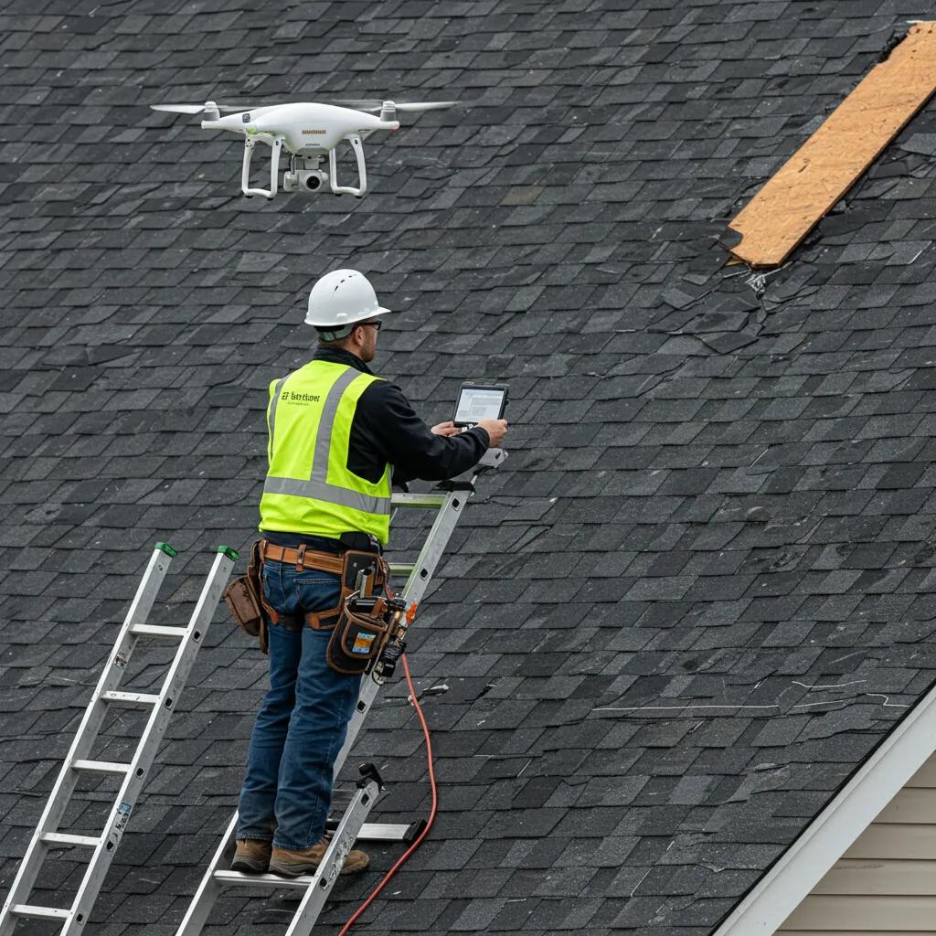 Roofing technician using drone technology for storm damage assessment Roofing technician using drone technology for storm damage assessment