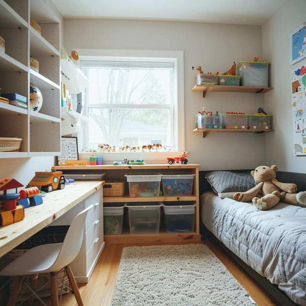 Organized kids' room with a clean study area and neatly stored toys