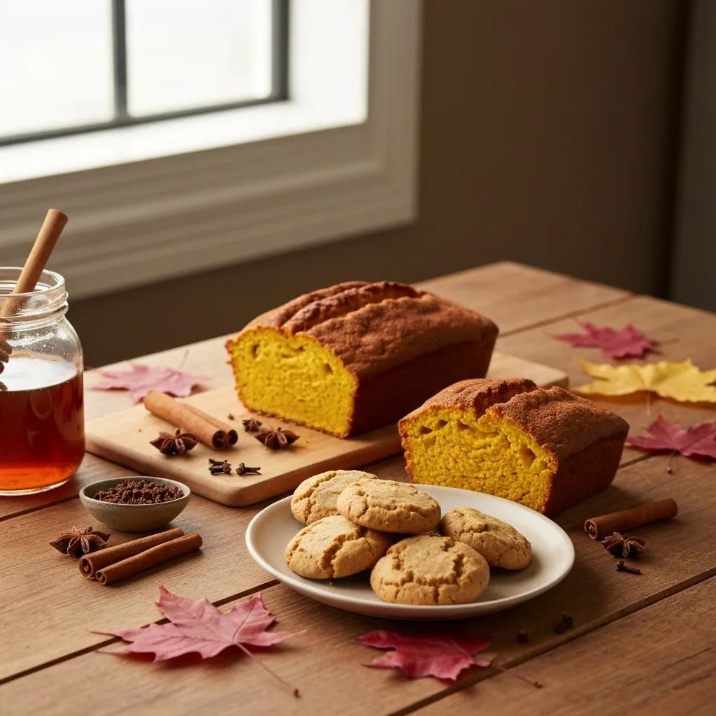Rustic kitchen table with baked goods and dark fall honey, surrounded by autumn leaves and spices