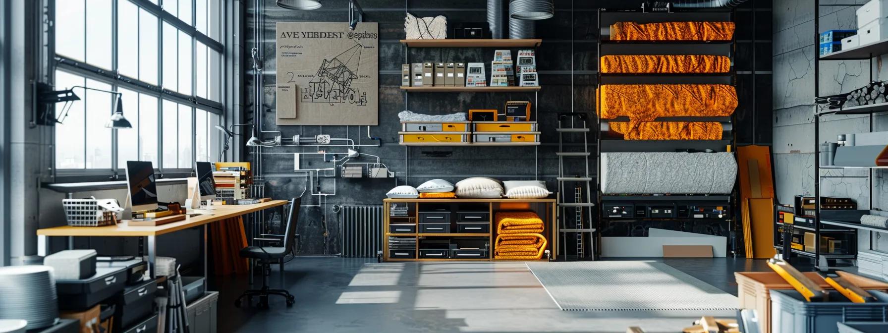 a sleek, modern insulation contractor's workspace showcases a well-organized array of advanced insulation materials and high-tech installation tools, emphasizing a commitment to energy efficiency and meticulous craftsmanship in a bustling urban setting. How Do Insulation Contractors in Garner, NC Ensure Energy Efficiency