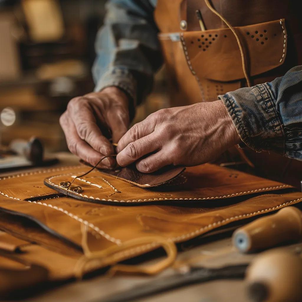 Artisan hands stitching a luxury tote bag, emphasizing craftsmanship and quality techniques
