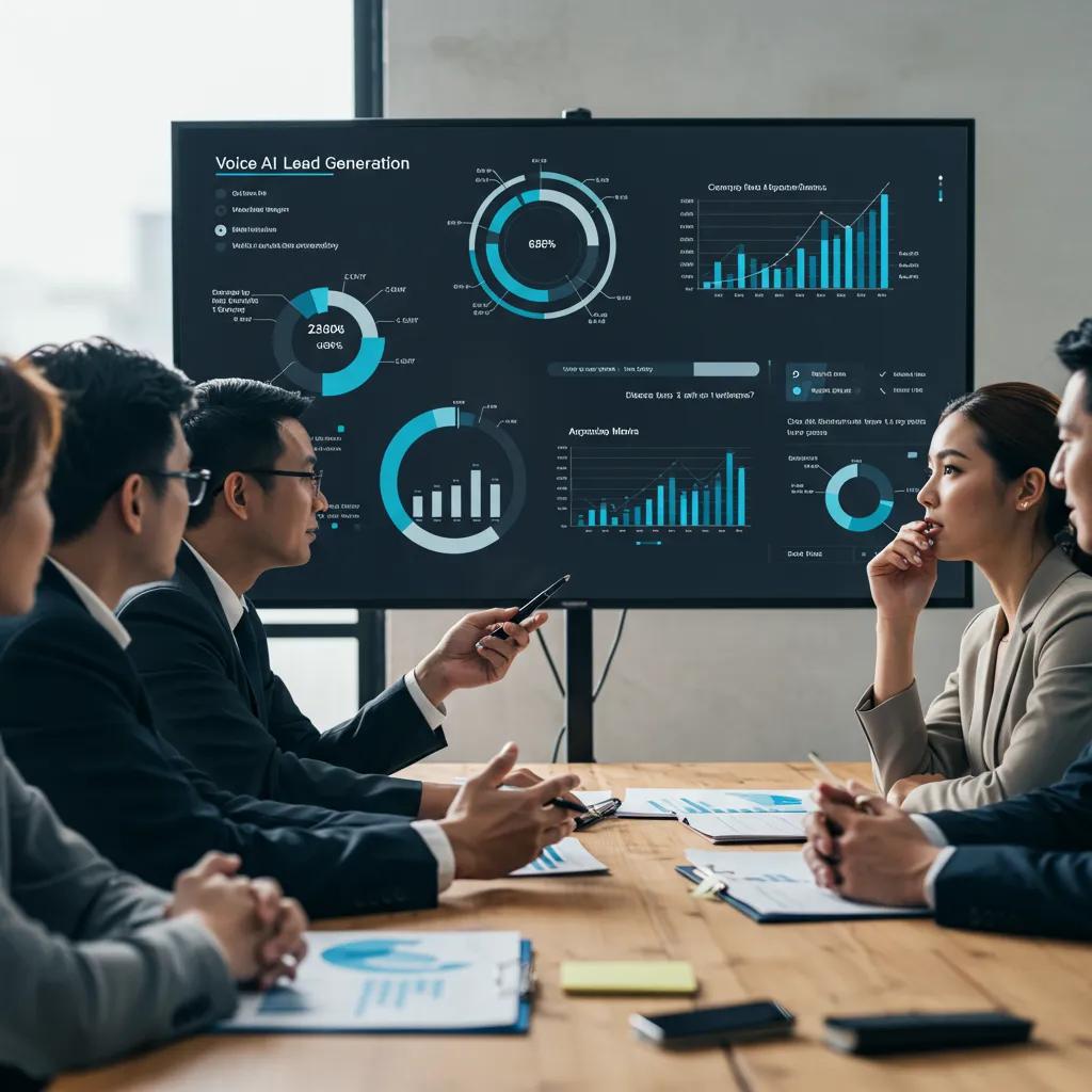 Sales team reviewing voice AI lead generation metrics in a meeting Sales team reviewing voice AI lead generation metrics in a meeting