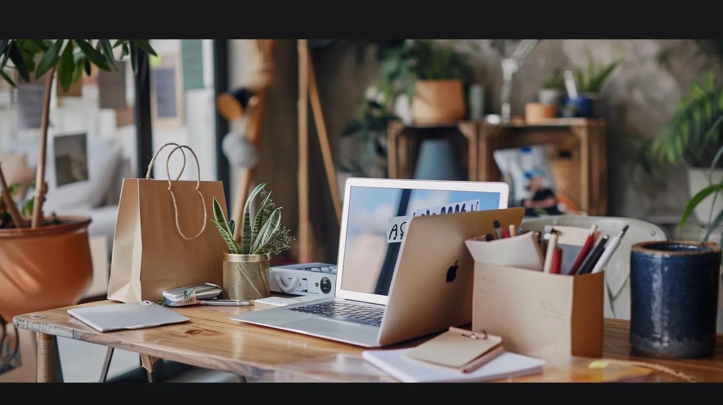 E-commerce workspace with a laptop, product samples, and marketing materials