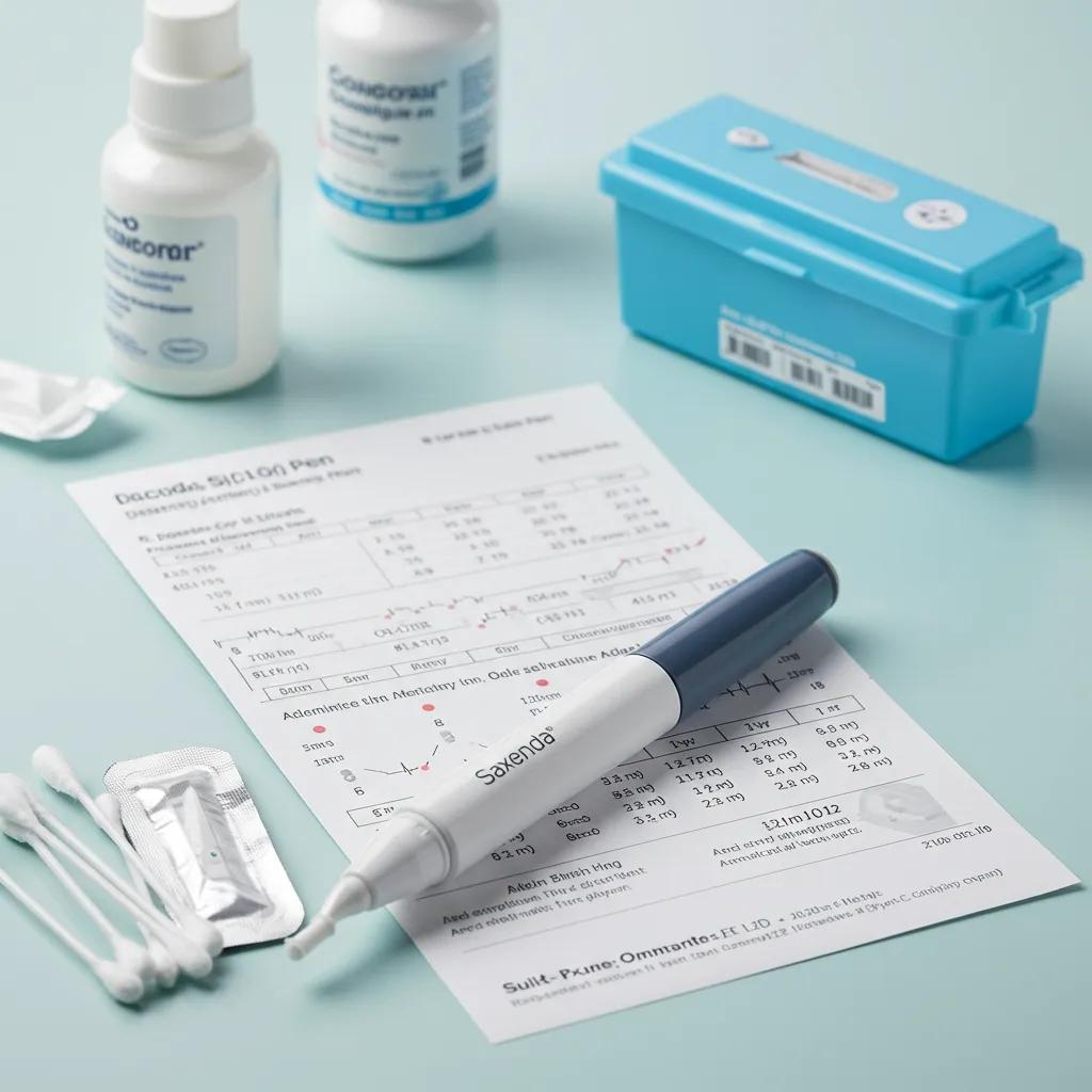 Saxenda pen and dosage chart in a clinical setting, highlighting administration guidelines