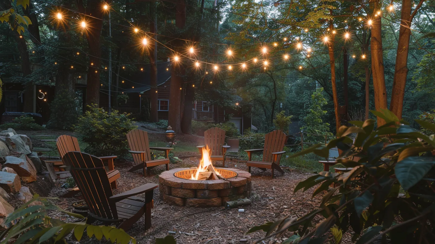 Cozy backyard scene at dusk, featuring a stone fire pit with flickering flames. Surrounding Adirondack chairs, roasting marshmallows, and lush Kennesaw greenery. Twinkling string lights overhead create a warm ambiance.