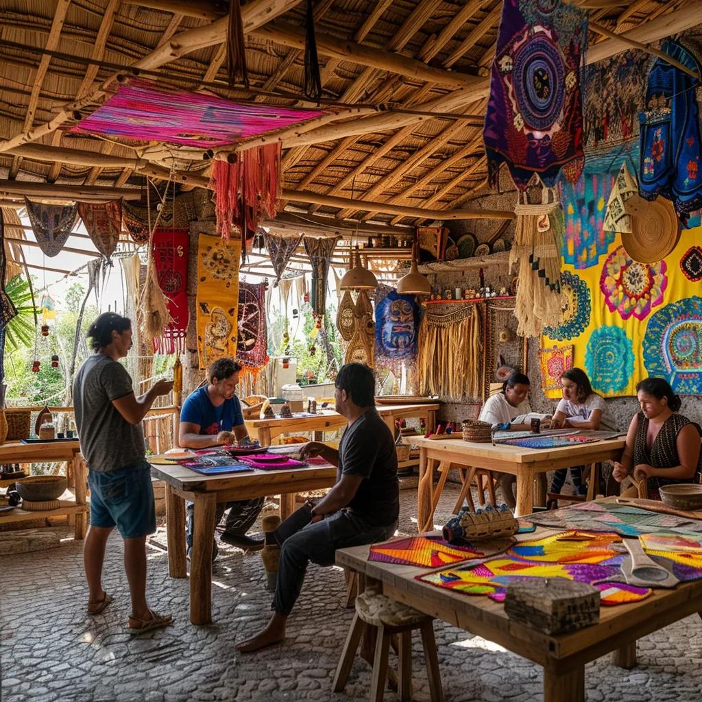 Corporate team engaging in cultural immersion activities at a local artisan workshop Cultural immersion retreat activities in vibrant artisan workshop, showcasing teamwork and creativity through local crafts, with participants engaged in hands-on learning experiences.