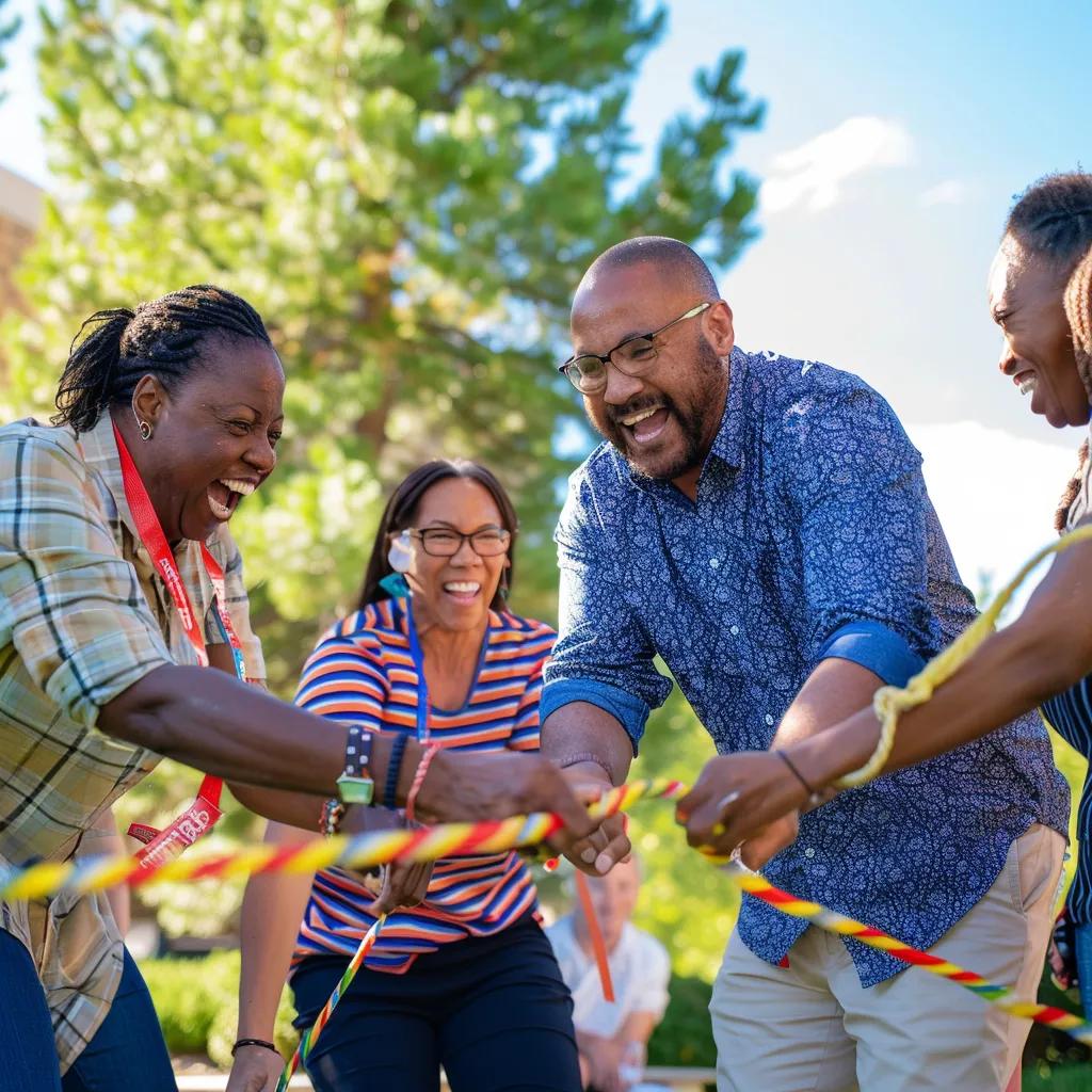 Diverse corporate team engaging in outdoor collaborative games to boost unity and performance