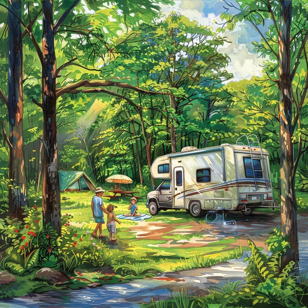 Family RV camping in Virginia with children playing outside a cozy RV in a scenic campground