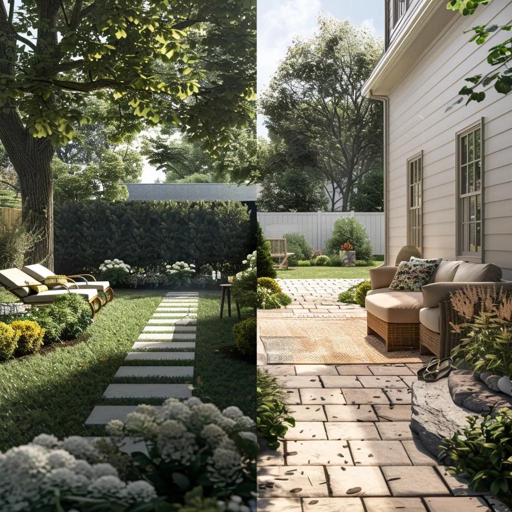 Before-and-after backyard makeover showcasing budget-friendly landscaping transformation