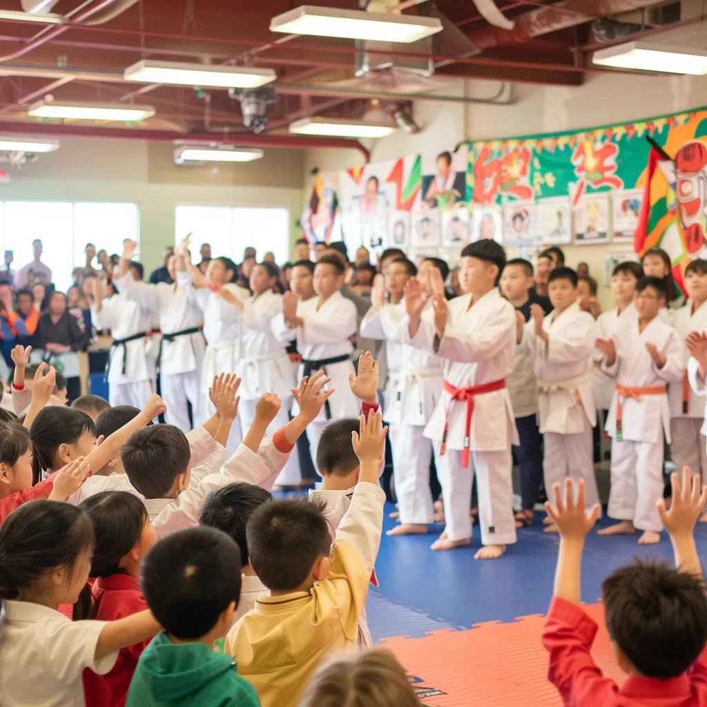 Belt-promotion ceremony at a martial arts school with students and families celebrating achievements
