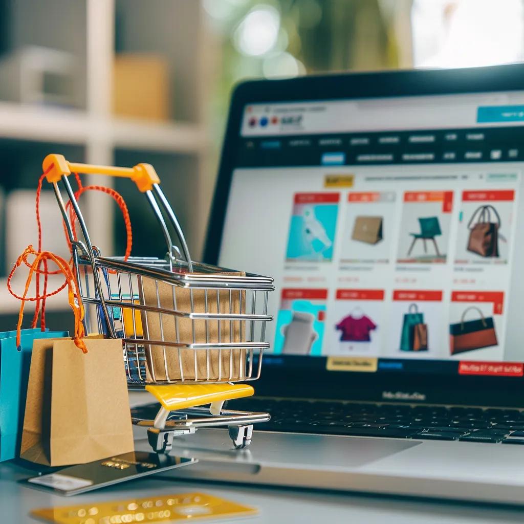 eCommerce website on laptop with shopping bags and credit card