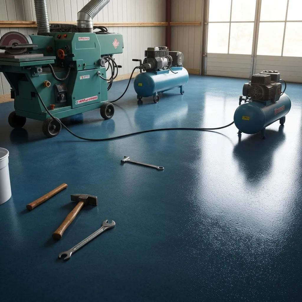 A workshop featuring heavy machinery is showcased with seamless epoxy resin flooring, emphasizing its robust durability and protective qualities.