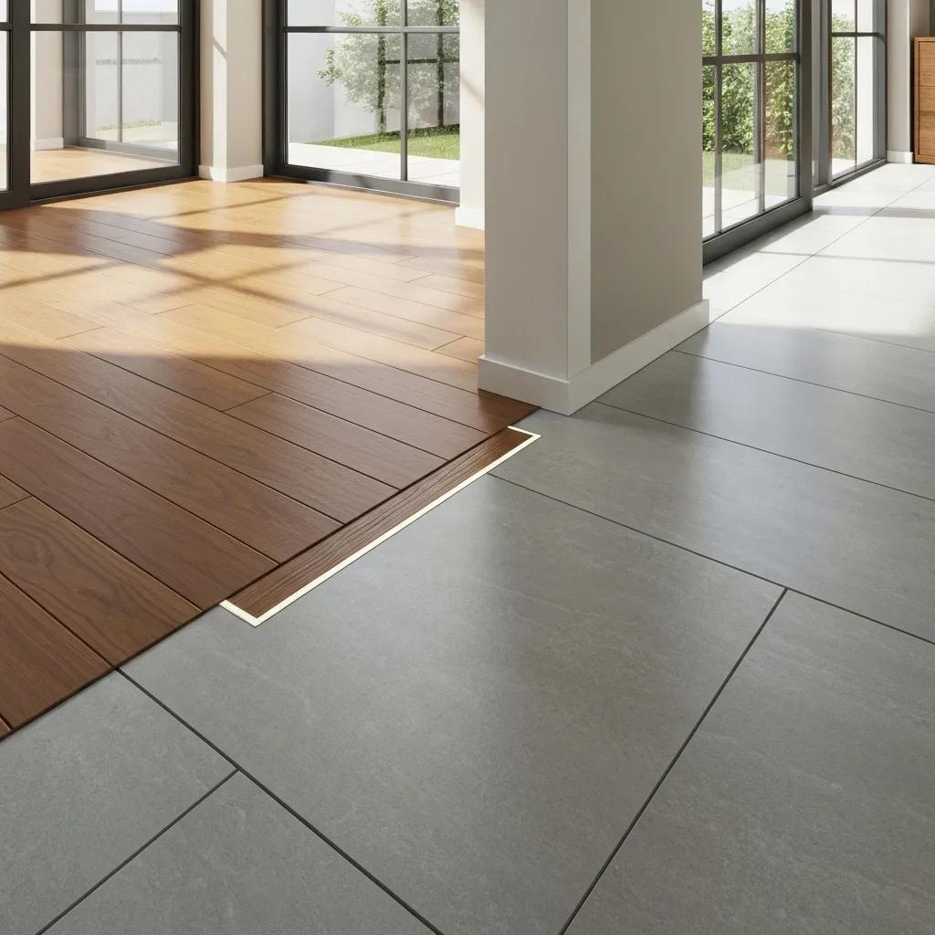 A beautifully executed transition between a warm wood floor and elegant tile, showcasing a smooth, safe, and stylish connection.