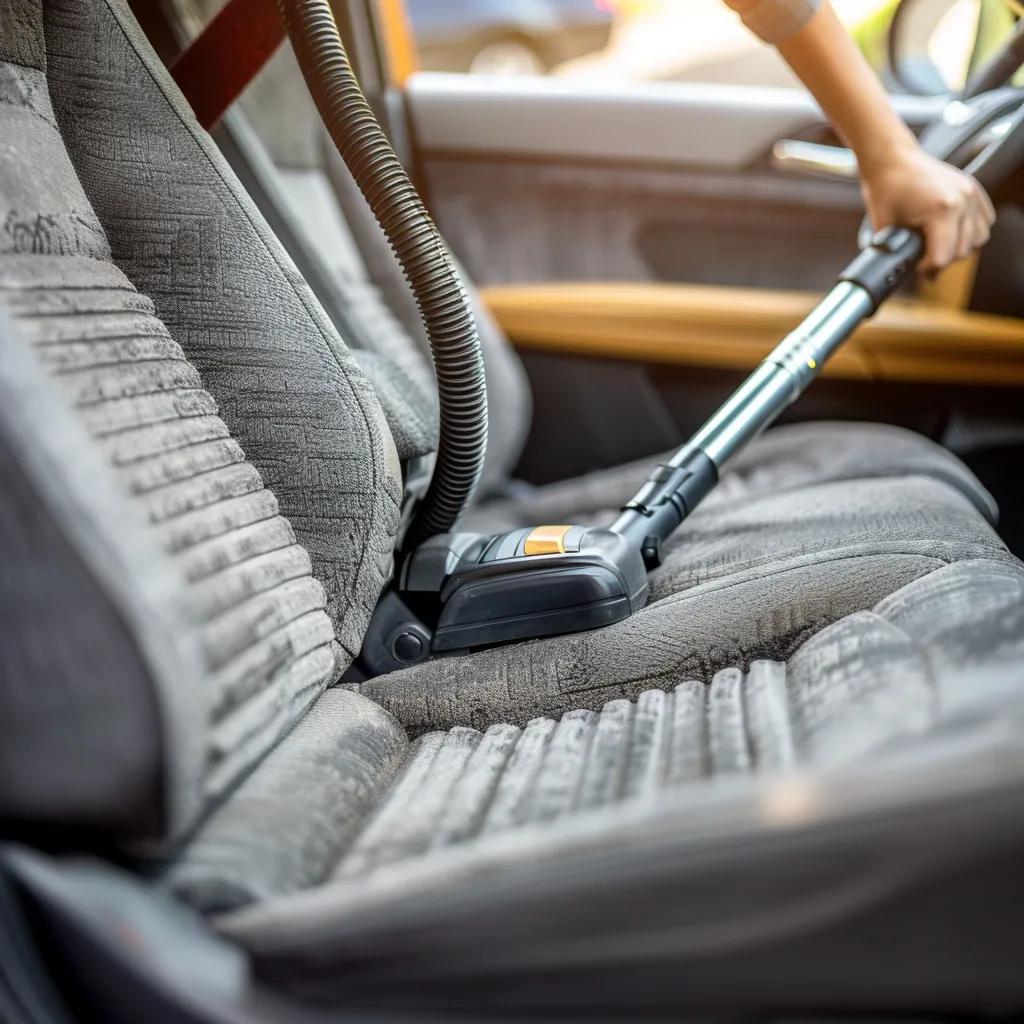 A person meticulously vacuuming a car interior to ensure peak cleanliness and hygiene