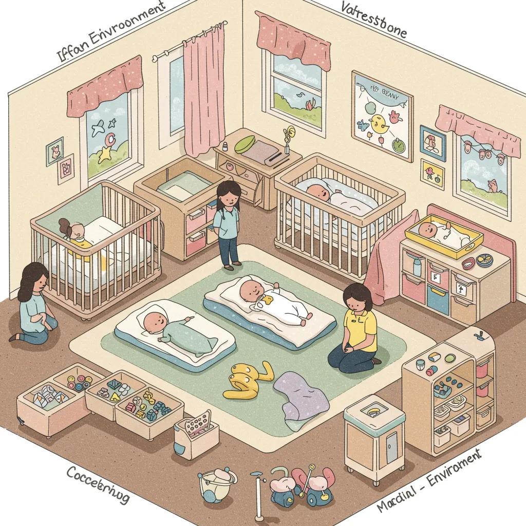 Secure infant nursery environment with safety features and caregivers monitoring infants